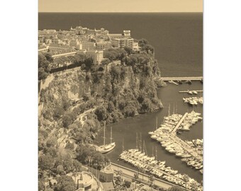 Vintage Monaco Travel Poster: Sepia Coast & Mountain Print