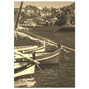 Vintage Collioure France Travel Poster Print Wall Art | Retro Collioure Boats Home Decor | Collioure Coast Vertical | Collioure Sepia Photo