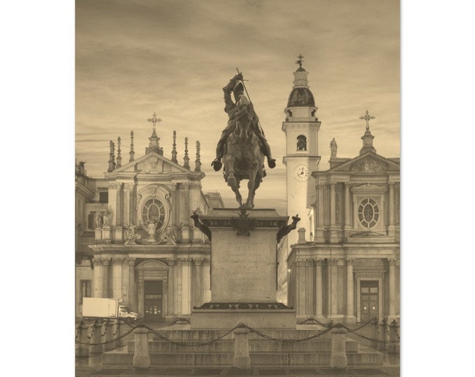 Vintage Turin Italy Statue Travel Poster Print Wall Art | Retro Turin Home Decor | Turin Coast Print Vertical | Turin Cathedral Sepia Photo