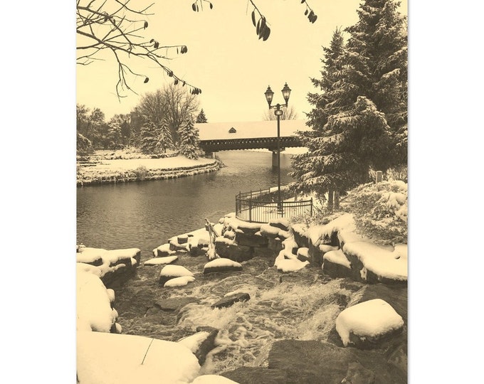 Vintage Frankenmuth Michigan Travel Poster Print Wall Art | Retro Frankenmuth Winter Home Decor | Frankenmuth River Landscape Sepia Photo