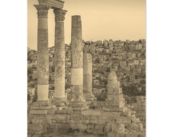 Vintage Amman Travel Poster: Sepia Roman Ruins Print