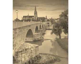 Vintage Regensburg Germany Poster | Retro Regensburg Bridge Sepia Print | Regensburg Wall Art Home Decor | Vertical Regensburg Travel Photo