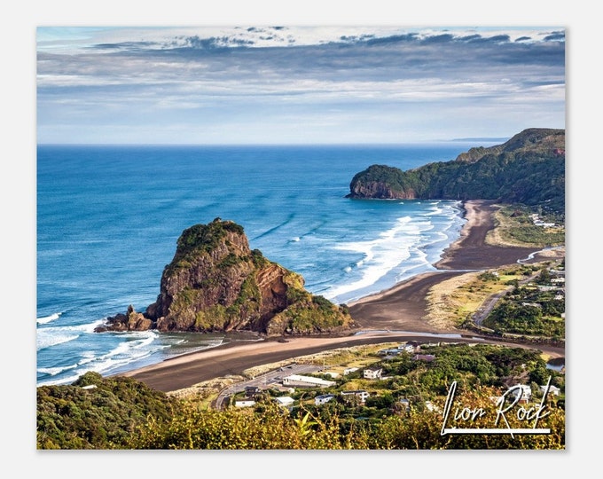 Lion Rock New Zealand Travel Poster Wall Art | Piha Beach and Lion Rock Home Decor | Lion Rock Digital Print | Lion Rock Hangings Photo Gift