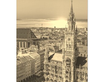 Vintage Munich Germany Travel Poster Print Wall Art | Retro Cathedral Munich Home Decor | Munich Town Print Vertical | Munich Sepia Photo