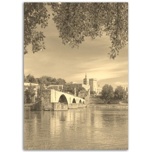 Vintage Avignon Francia Poster Print / Retro Avignon Old Castle Bridge Black Sepia Photo Gift / Avignon Wall Art Home Decor Vertical Poster