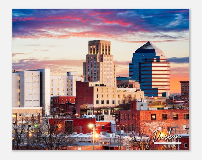 Durham North Carolina Skyline Cityscape Poster Print Wall Art | Durham Home Decor Gift Hanging | Durham Collectibles Horizontal Travel Photo