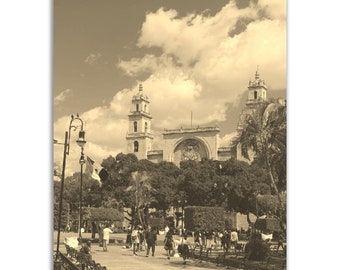 Vintage Merida Mexico Poster: Sepia Church Print