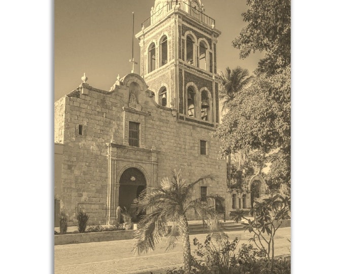Vintage Baja California Mexico Poster Print | Retro Church Black Sepia Photo Gift | Baja California Wall Art Home Decor Vertical Poster