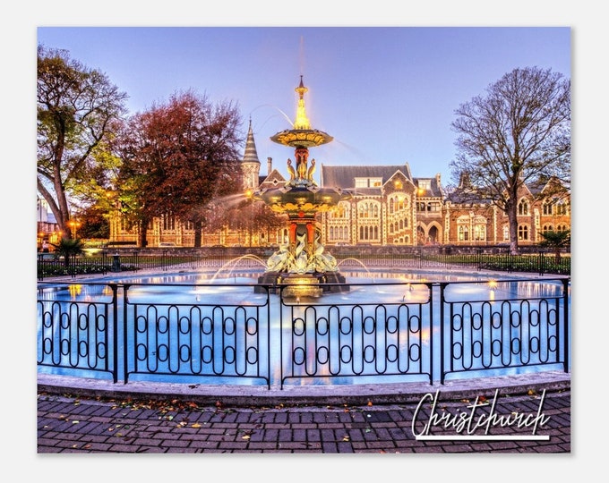 Christchurch New Zealand Travel Poster Wall Art | Christchurch Home Decor | Christchurch Peacock Fountain Print | Christchurch  Garden Photo