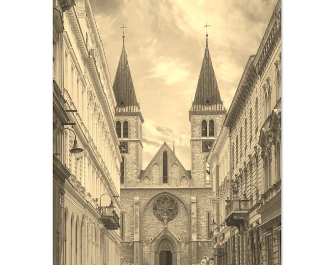 Vintage Sarajevo Bosnia and Herzegovina Poster Sepia Print Art | Retro Sarajevo Church Wall Art Home Decor | Vertical Sarajevo Travel Photo