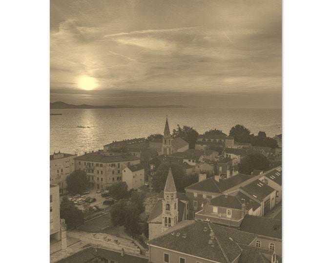 Vintage Zadar Croatia Poster | Retro Zadar Cityscape Sepia Print | Zadar Town Wall Art Home Decor | Vertical Zadar Coast Travel Photo Gift