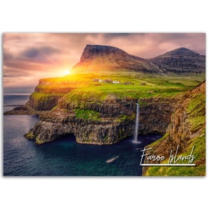 Faroe Islands Poster Print Denmark Wall Art Decor | Waterfall Photo Danish Scandinavian Decoration | Traveler Gift | Horizontal Photography