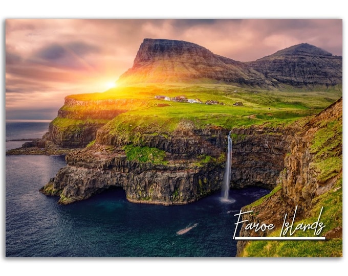 Faroe Islands Poster Print Denmark Wall Art Decor | Waterfall Photo Danish Scandinavian Decoration | Traveler Gift | Horizontal Photography