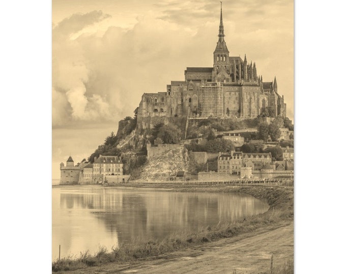 Vintage Mont Saint Michel France Poster | Retro Mont Saint Michel Sepia Print | Mont Saint Michel Castle Wall Art Home Decor Travel Photo