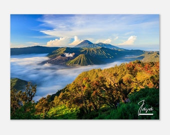 Póster de viaje a Java, Indonesia: Impresión artística del paisaje del volcán Bromo