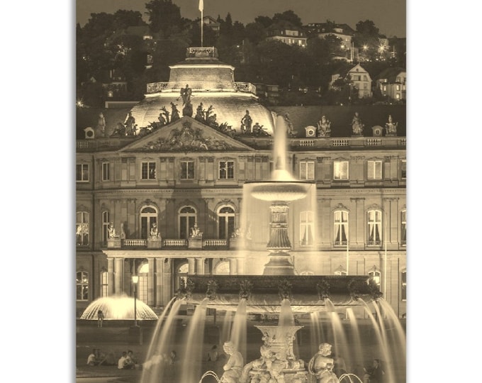Vintage Stuttgart Germany Poster Print | Retro City Fountain Sepia Photo Gift | Stuttgart Wall Art Home Decor | Vertical Travel City Poster