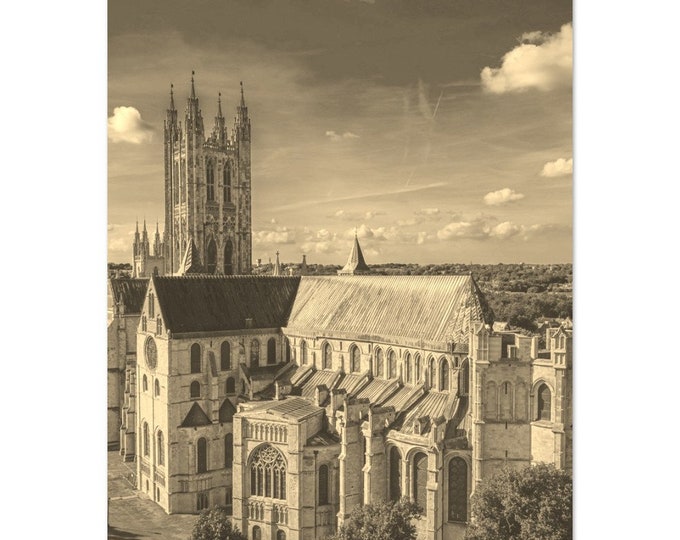 Vintage Canterbury City England Travel Poster Print Wall Art | Retro Canterbury Church Home Decor Print Vertical | Canterbury Sepia Photo