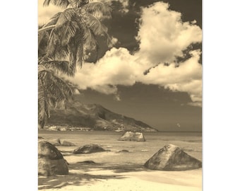 Vintage Mahe Seychelles Print: Retro Black and White Tropical Wall Art