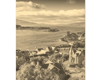 Vintage Oban Town Scotland Travel Poster Print Wall Art | Retro Oban Seascape Home Decor | Oban Coast Print Vertical | Oban Sepia Photo Gift