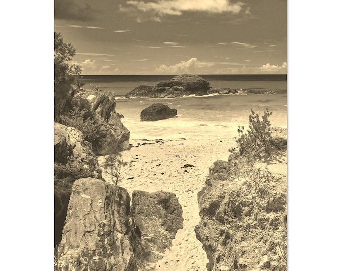 Vintage Bermuda Seascape Travel Poster Print Wall Art | Retro Bermuda Home Decor | Bermuda Coast Print Vertical | Bermuda Sepia Photo Gifts