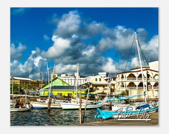Belize City Belize Travel Poster Wall Art | Belize City Home Decor | Belize City Digital Print | Centre Belize City Houses and Yachts Photo