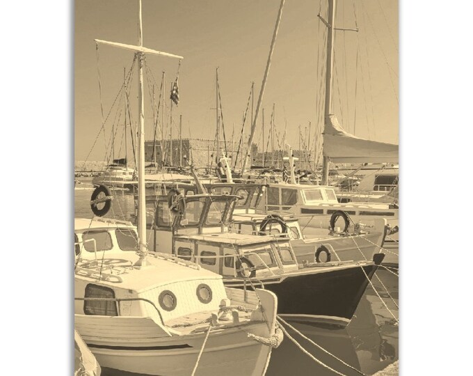 Chania Poster Vintage Greece Print | Retro Chania Harbor Boats Sepia Photo Gift | Chania Wall Art Home Decor | Vertical Chania City Poster