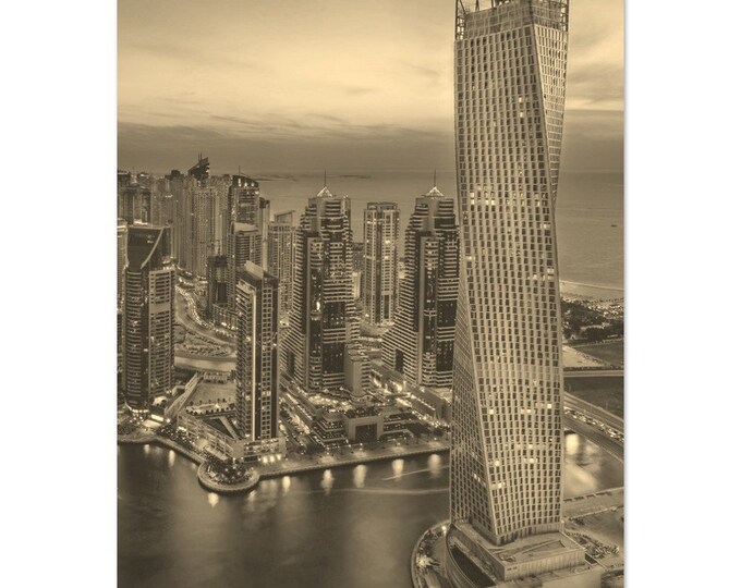 Vintage Dubai UAE Travel Poster Print Wall Art | Retro Dubai Skyscrapers Home Decor | Dubai Sea Print Vertical | Dubai Coast Sepia Photo