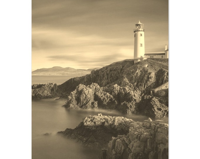 Vintage Donegal Ireland Travel Poster Print Wall Art | Retro Donegal Coast Home Decor | Donegal Lighthouse Print Vertical Sepia Photo Gift