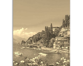 Lake Como Poster Vintage Print | Retro Lake Como Black and White Sepia Gift | Lake Como Wall Art Decor | Vertical Lake Como Travel Photo
