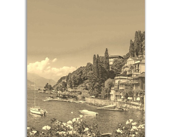 Lake Como Poster Vintage Print | Retro Lake Como Black and White Sepia Gift | Lake Como Wall Art Decor | Vertical Lake Como Travel Photo
