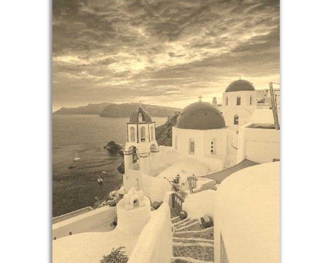 Vintage Santorini Greece Poster Print | Retro Santorini City Black White Sepia Photo Gift | Santorini Wall Art Home Decor | Vertical Poster