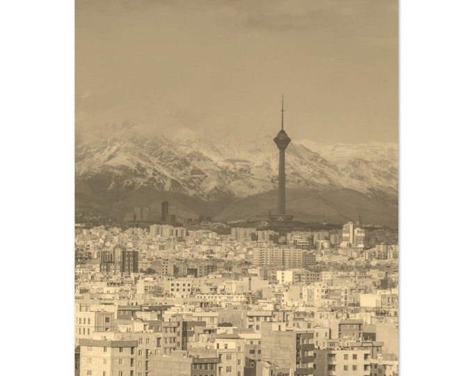 Vintage Teheran Iran Poster | Retro Teheran Cityscape Sepia Print | Teheran Mountain Wall Art Home Decor | Vertical Teheran Travel Photo