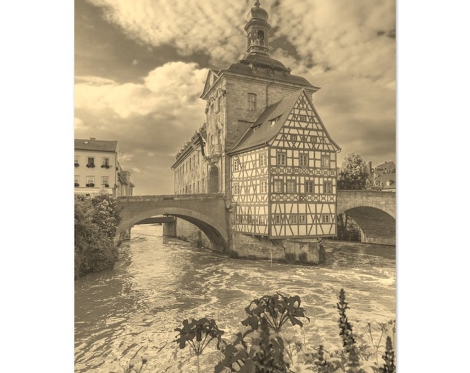 Vintage Bamberg Germany Travel Poster Print Wall Art | Retro Bamberg Church Home Decor | Bamberg River Print Vertical | Bamberg Sepia Photo
