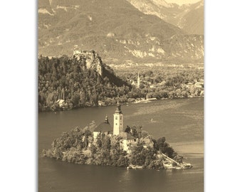Vintage Lake Bled Slovenia Poster Print | Retro Lake Bled Sepia Photo Gift | Lake Bled Wall Art Home Decor | Vertical Lake Bled Poster