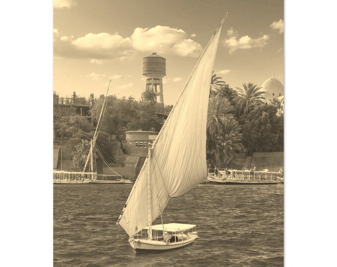 Vintage Aswan Egypt Travel Poster Print Wall Art | Retro Aswan Sailboat Home Decor | Aswan Print Vertical Poster | Aswan Coast Sepia Photo