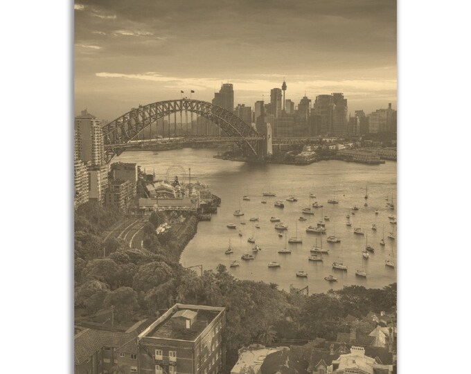 Vintage Sydney Australia Poster Print | Retro Sydney Bridge Cityscape Black Sepia Photo Gift | Sydney Wall Art Home Decor Vertical Poster