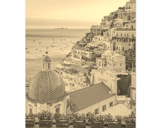 Positano Italy Poster Vintage Print | Retro Amalfi Coast Black and White Sepia Photo Gift | Positano Wall Art Home Decor Vertical Photo Art