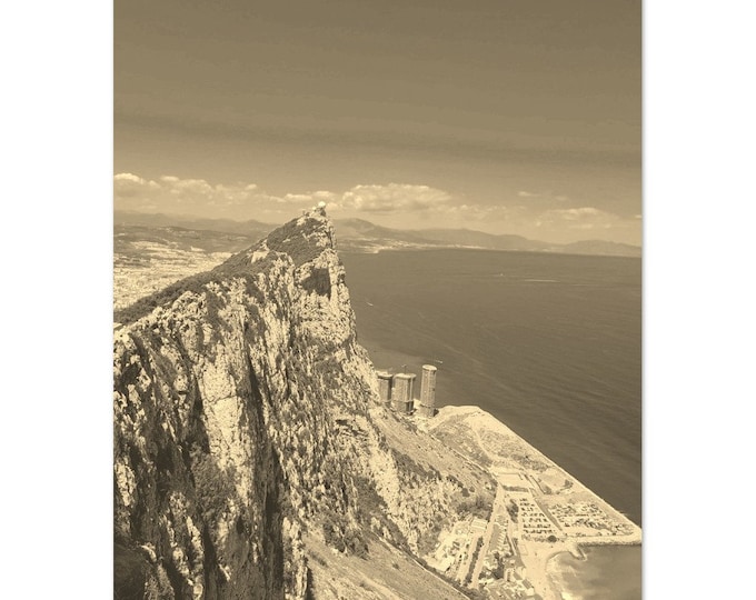 Vintage Gibraltar Poster | Retro Gibraltar Sepia Print | Gibraltar Mountain Wall Art Home Decor | Vertical Gibraltar Sea Coast Travel Photo