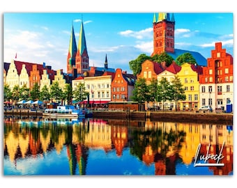 Lübeck Poster Druck Deutschland Wand Kunst | Bunte Lübeck Stadtansicht Foto Deutsch Sommer Wohnkultur | Lübeck Reise Geschenk Horizontale Fotografie