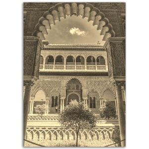 Cartel de Sevilla Vintage España Impresión / Arquitectura de Sevilla Retro Negro Blanco Sepia Regalo de la foto / Arte de la pared de Sevilla Decoración del hogar / Foto vertical