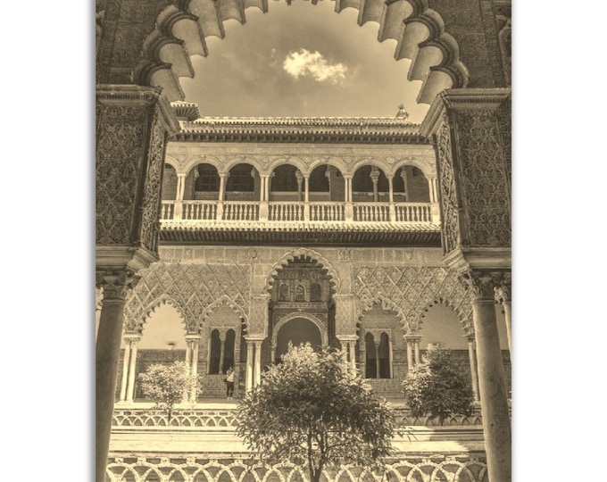 Seville Poster Vintage Spain Print | Retro Seville Architecture Black White Sepia Photo Gift | Seville Wall Art Home Decor | Vertical Photo