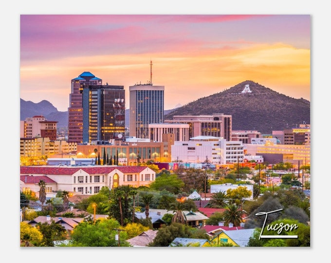 Tucson Arizona Sunset Poster Print Wall Art | Tucson Cityscape Skyline Home Decor Print | Tucson AZ Hangings USA Travel Photo Present Print