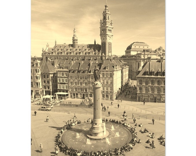 Vintage Lille France Square Travel Poster Print Wall Art | Retro Lille Birds Home Decor | Lille Statue Print Vertical | Lille Sepia Photo