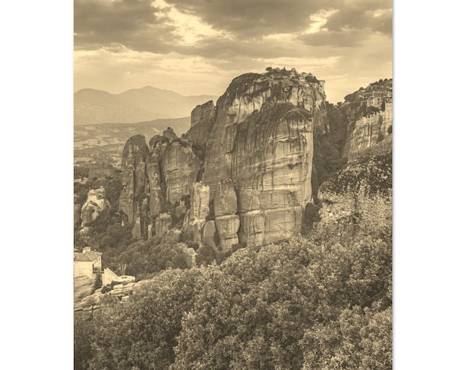 Vintage Meteora Greece Travel Poster Print Wall Art | Retro Meteora Rock Home Decor | Meteora Nature Print Vertical | Meteora Sepia Photo