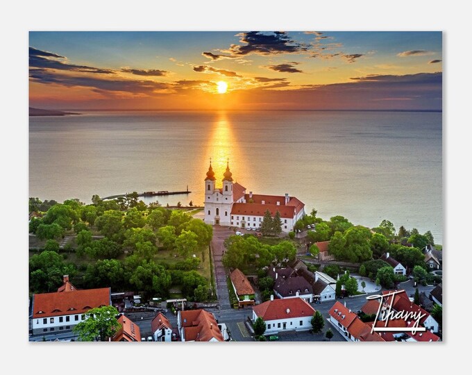 Tihany Hungary Travel Poster Wall Art | Tihany Benedictine Monastery Home Decor | Tihany Sunrise Print Horizontal | Tihany Hangings Photo
