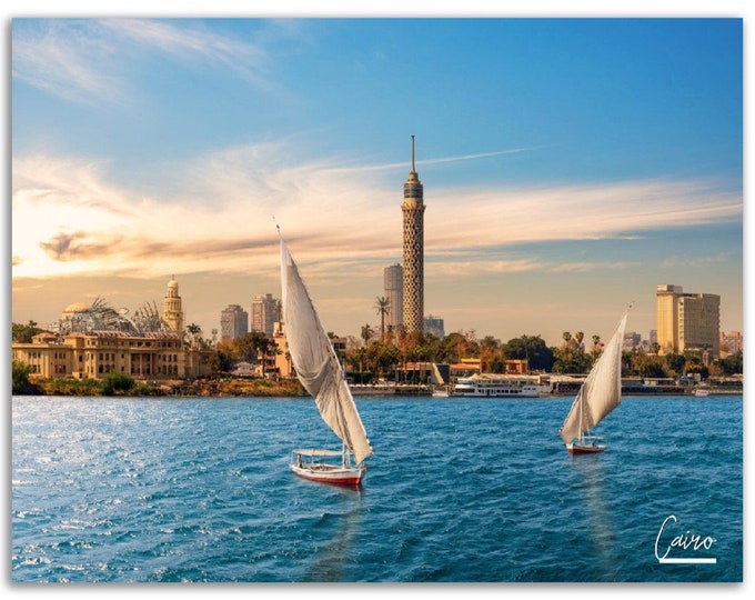 Cairo Poster Print Egypt Wall Art Decor | Nile Boats Photo Africa Home Decoration | Traveler Backpacker Trip Gift | Horizontal Photography