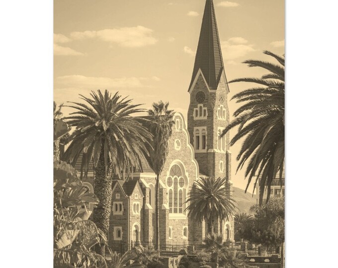 Vintage Windhoek Namibia Travel Poster Print Wall Art | Retro Windhoek Home Decor | Windhoek Cathedral Vertical | Windhoek Sepia Photo