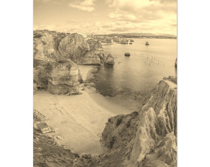 Vintage Lagos Portugal Poster | Retro Lagos Art Black White Sepia Print | Lagos Landscape Wall Art Home Decor | Vertical Lagos Travel Photo