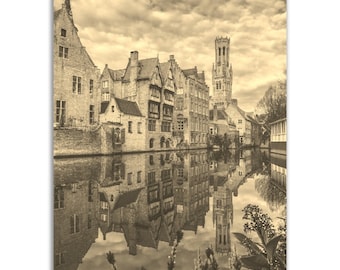 Vintage Brugge Belgium Poster: Sepia Canal View, Travel Wall Art