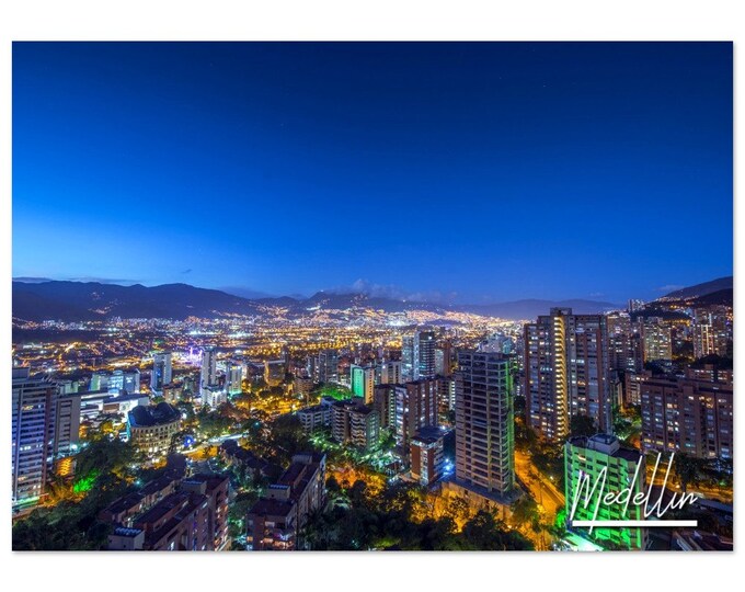 Medellin Poster Print Colombia Wall Art | Night Urban Skyline Medellin Photo Home Decoration | Medellin Traveler Gift Horizontal Photography